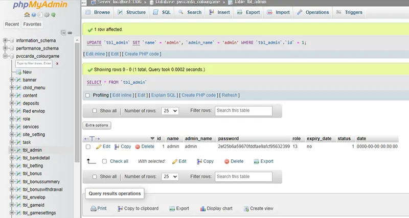 color game phpmyadmin dashboard